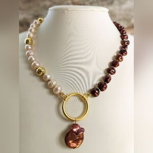Natural Copper Iron Red Pearl And Peach Pearls In Assymetrical Necklace